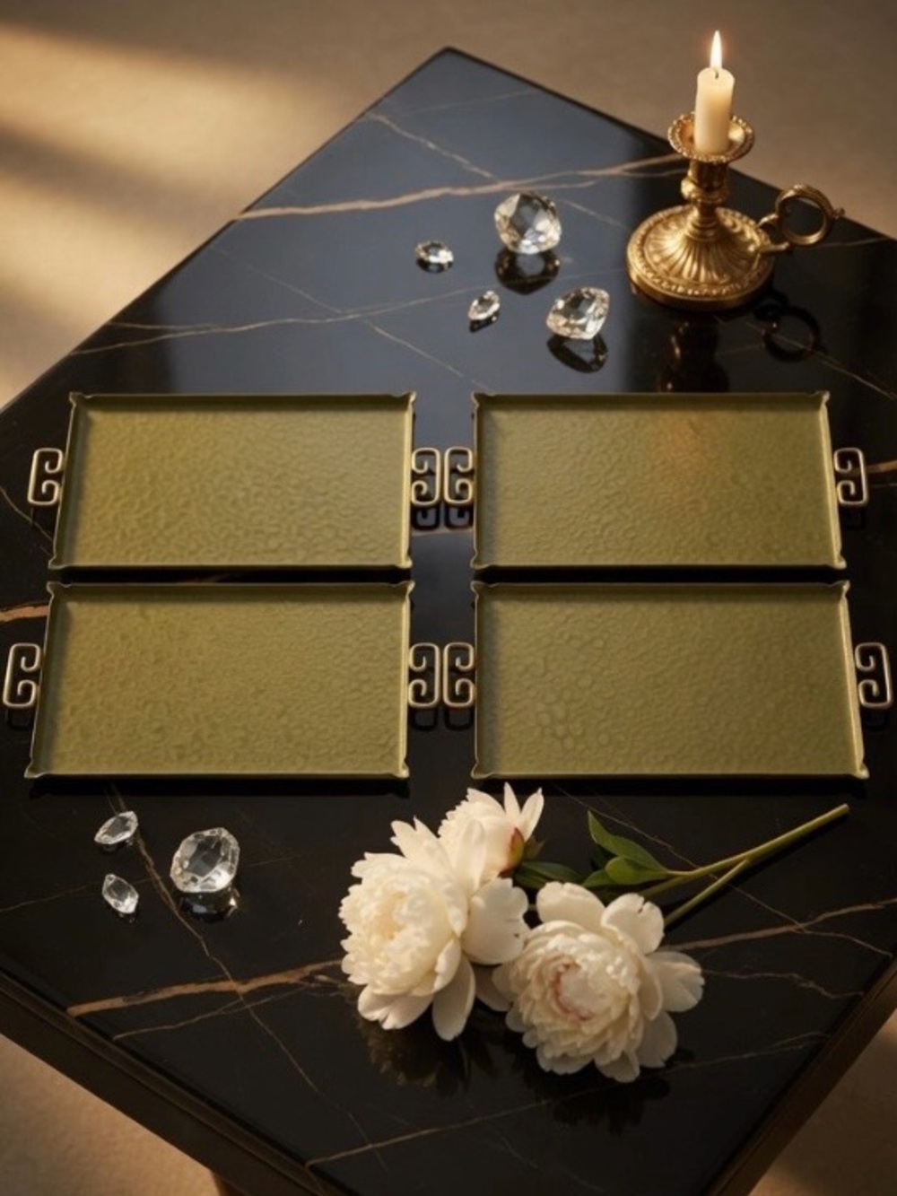 Vintage Moire Glaze Kyes 4 Enamel Hammered Metal Serving Trays 8X4 Green MCM